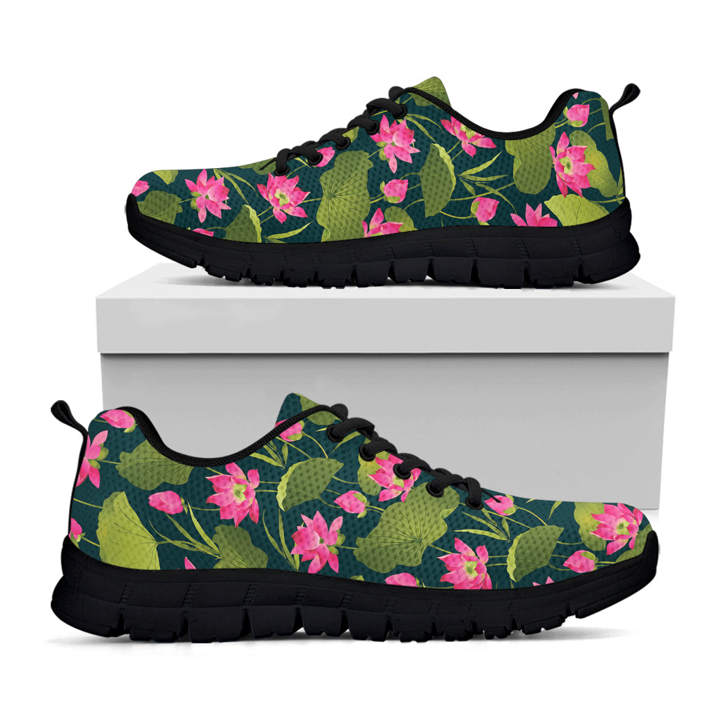 Hot Pink Lotus Pattern Print Black Running Shoes