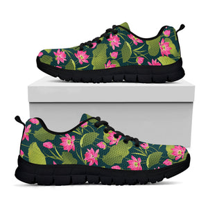 Hot Pink Lotus Pattern Print Black Running Shoes