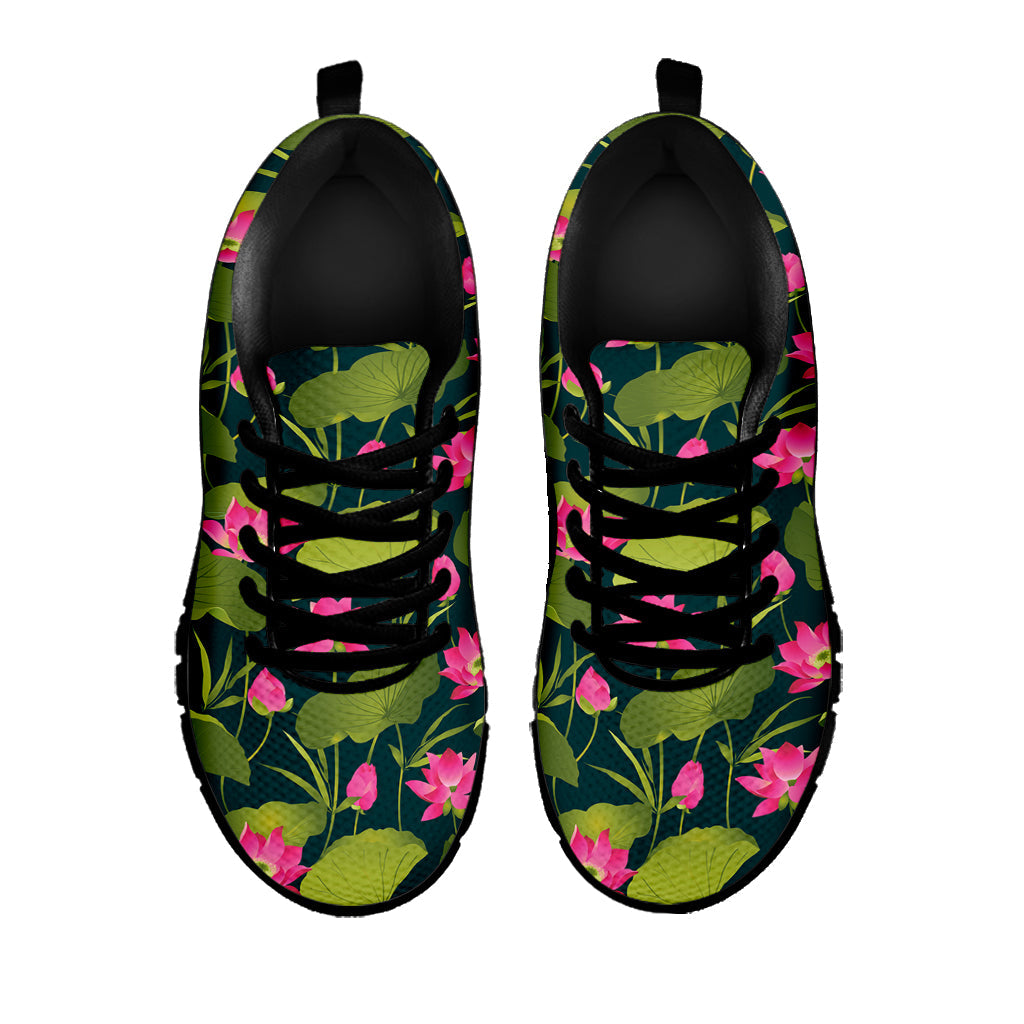 Hot Pink Lotus Pattern Print Black Running Shoes