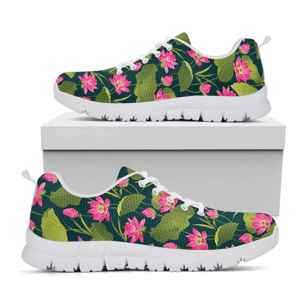 Hot Pink Lotus Pattern Print White Running Shoes