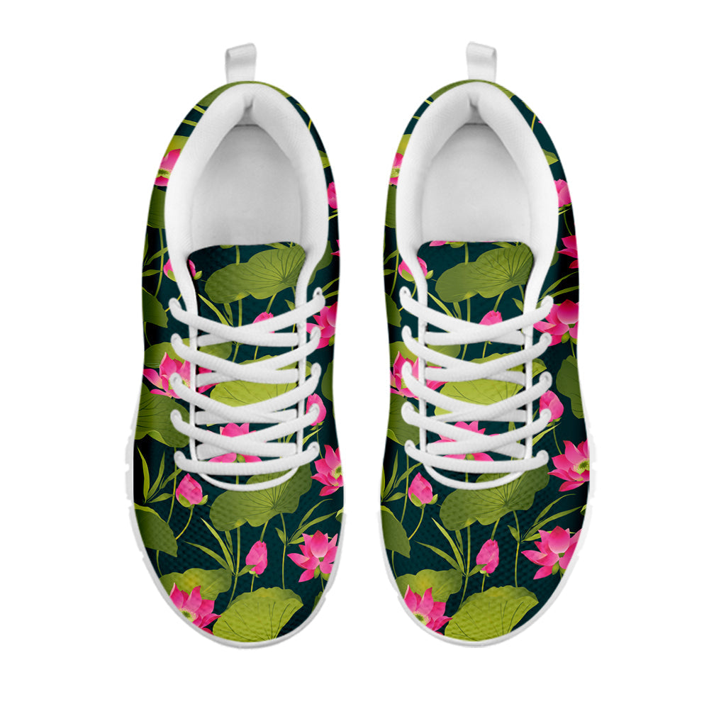 Hot Pink Lotus Pattern Print White Running Shoes