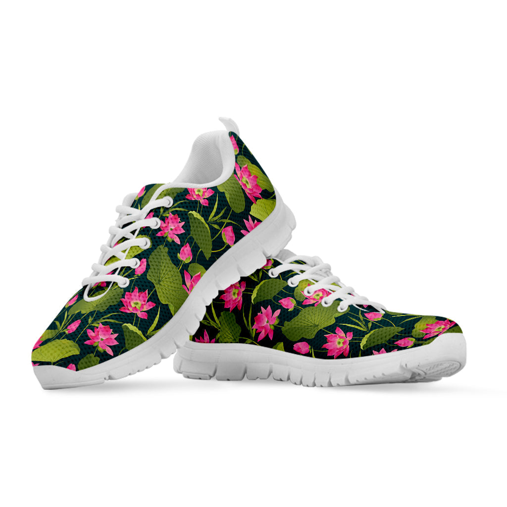 Hot Pink Lotus Pattern Print White Running Shoes