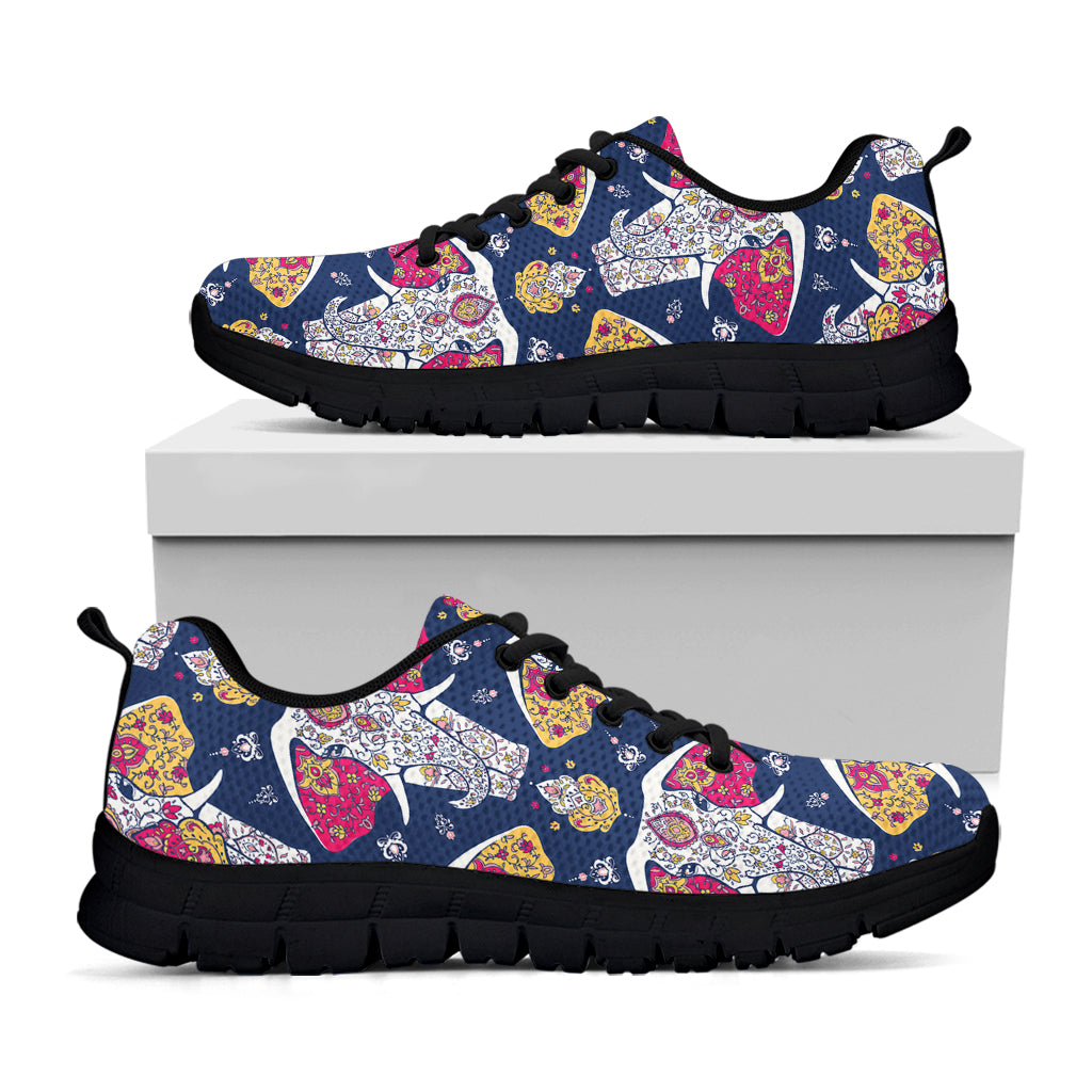 Indian Floral Elephant Pattern Print Black Running Shoes