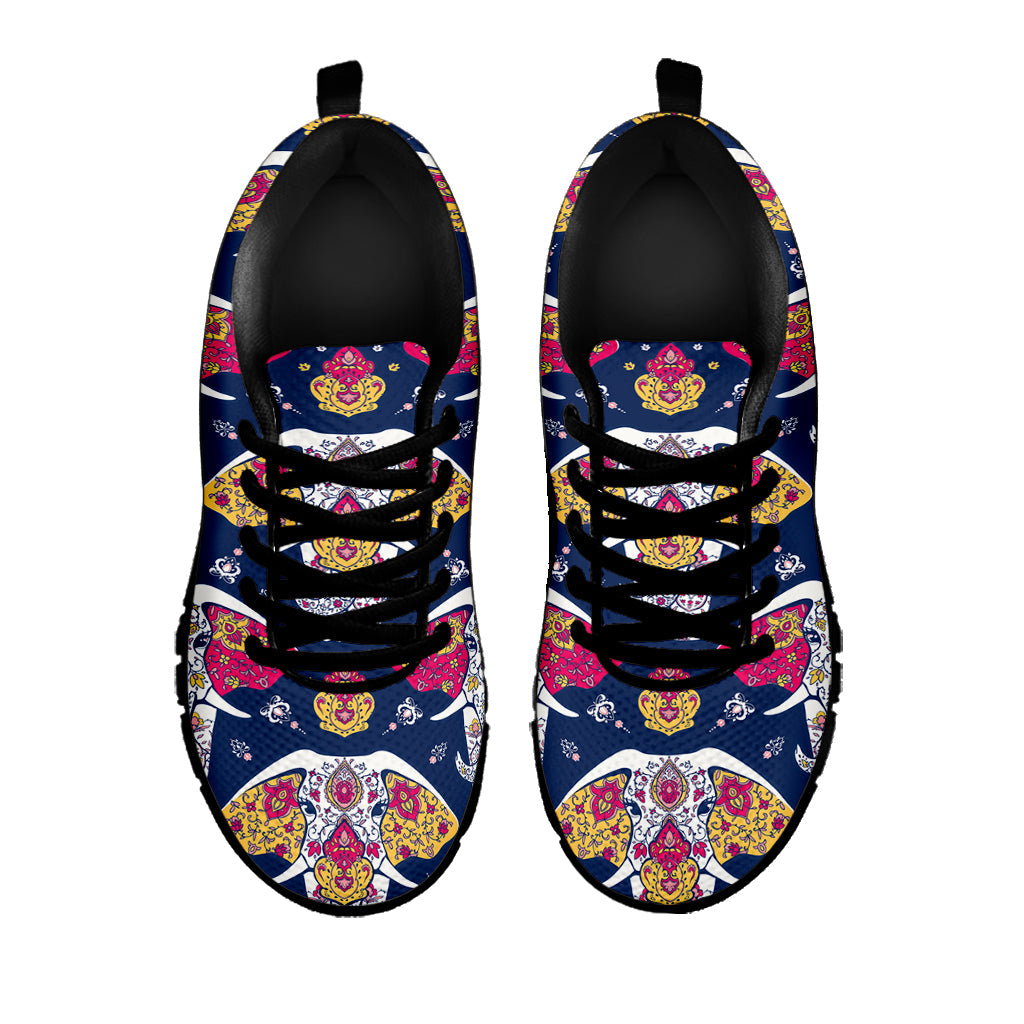 Indian Floral Elephant Pattern Print Black Running Shoes