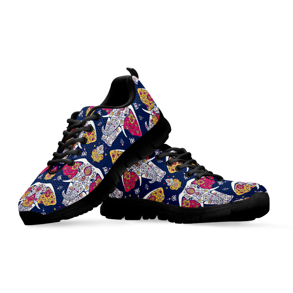 Indian Floral Elephant Pattern Print Black Running Shoes