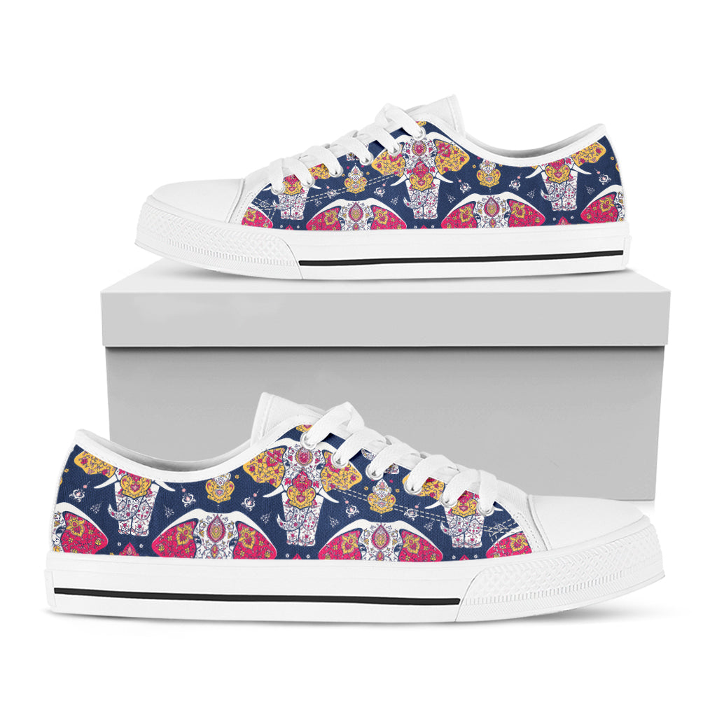 Indian Floral Elephant Pattern Print White Low Top Sneakers