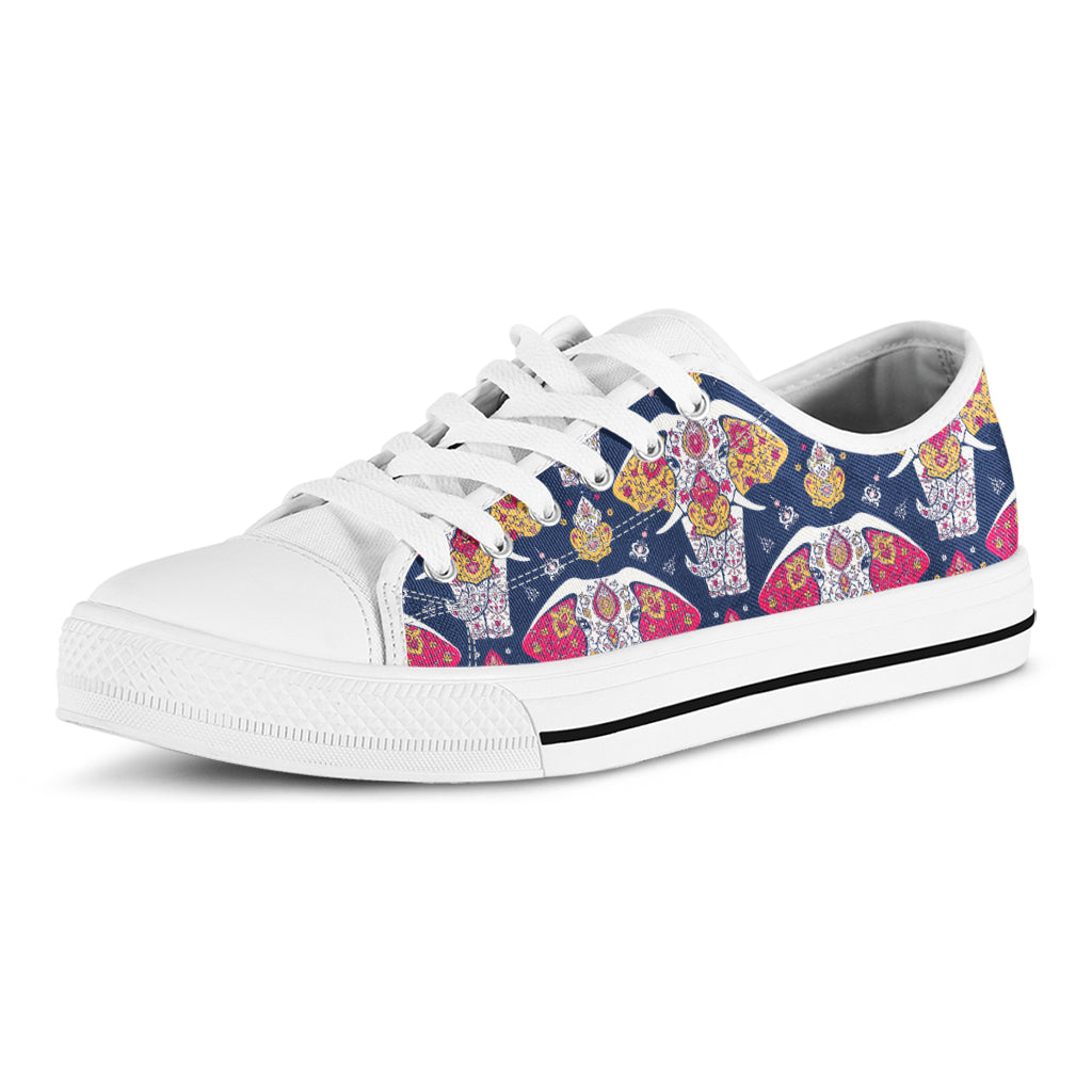 Indian Floral Elephant Pattern Print White Low Top Sneakers