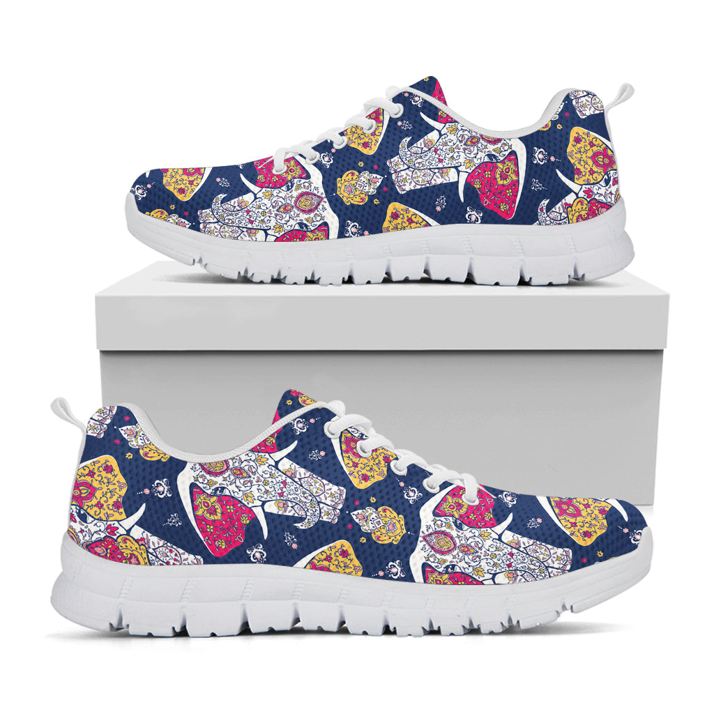 Indian Floral Elephant Pattern Print White Running Shoes
