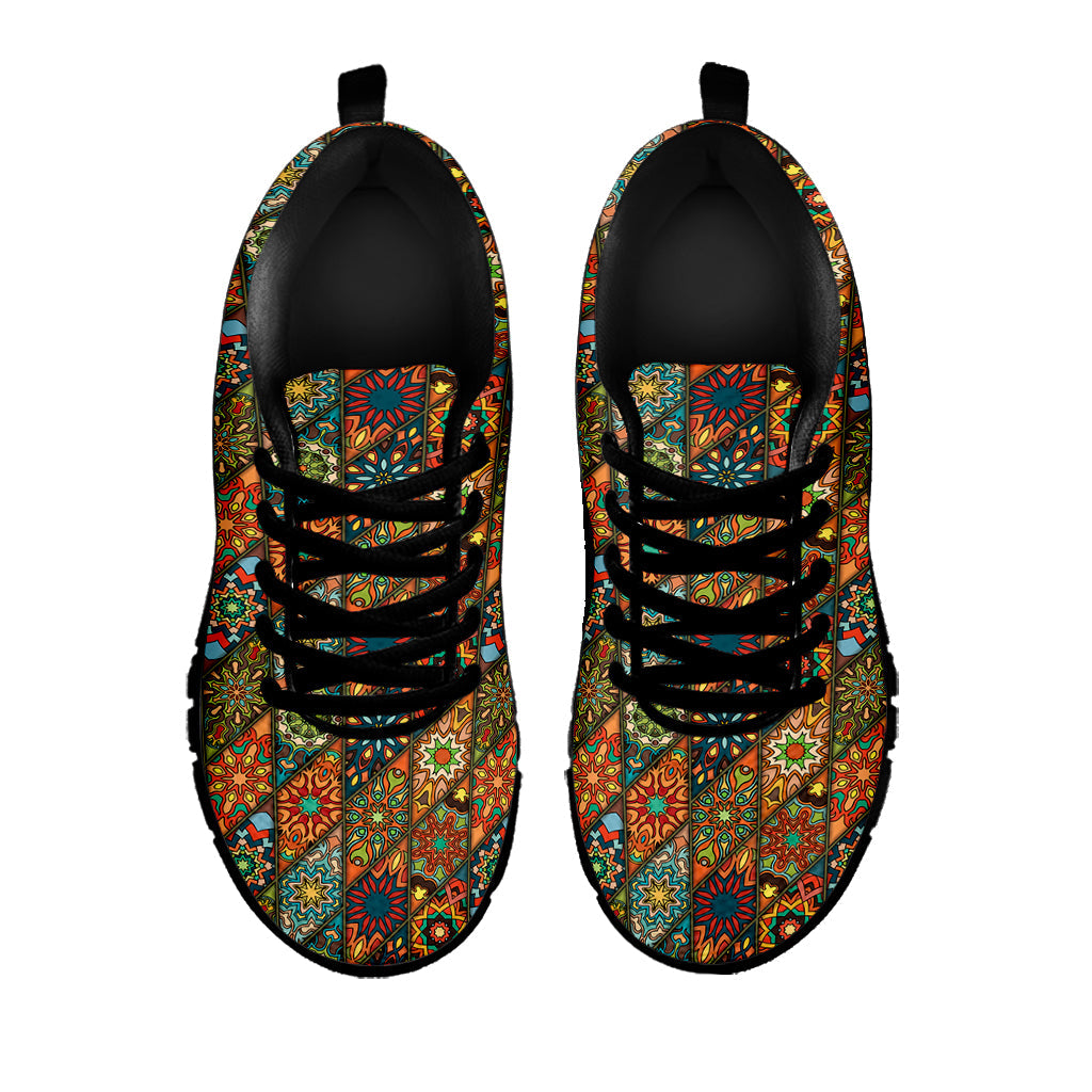 Indian Floral Patchwork Pattern Print Black Running Shoes