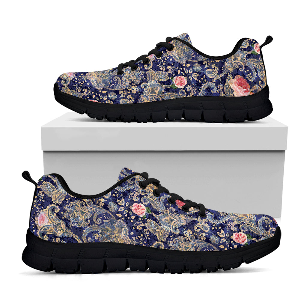 Indian Rose Paisley Pattern Print Black Running Shoes