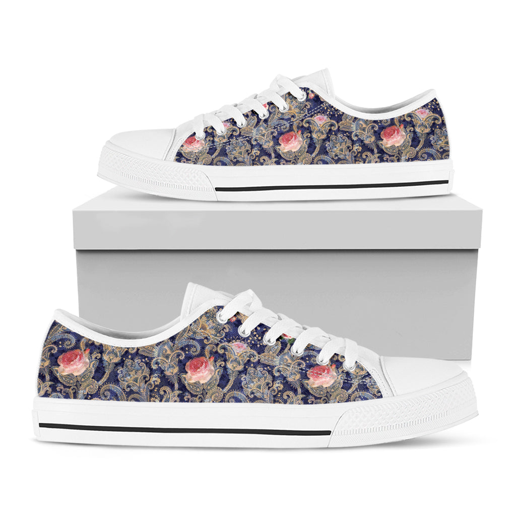 Indian Rose Paisley Pattern Print White Low Top Sneakers