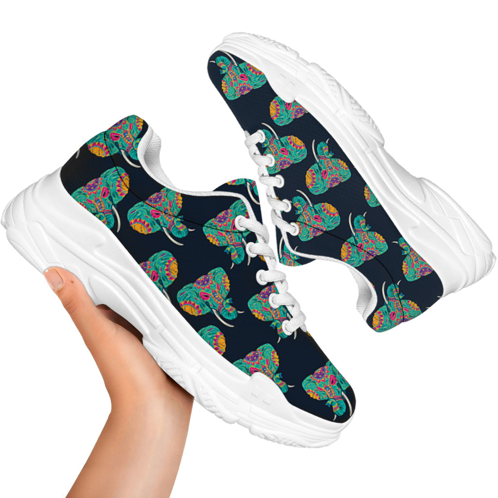 Indian Tribal Elephant Pattern Print White Chunky Shoes