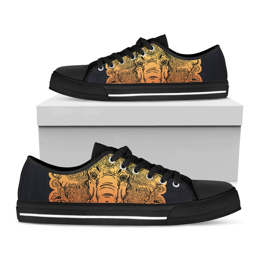 Indian Tribal Spiritual Elephant Print Black Low Top Sneakers