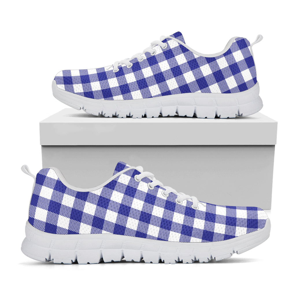 Indigo Blue And White Gingham Print White Running Shoes