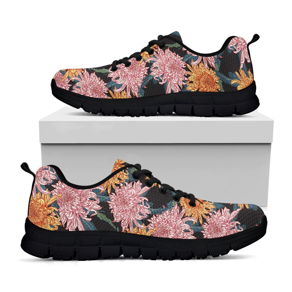 Japanese Chrysanthemum Pattern Print Black Running Shoes