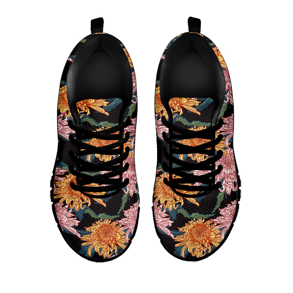 Japanese Chrysanthemum Pattern Print Black Running Shoes