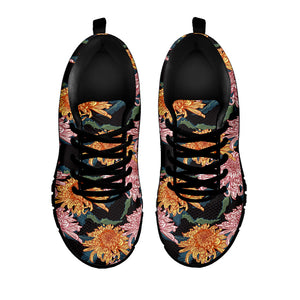 Japanese Chrysanthemum Pattern Print Black Running Shoes