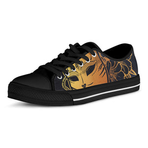 Japanese Fox Mask Print Black Low Top Sneakers
