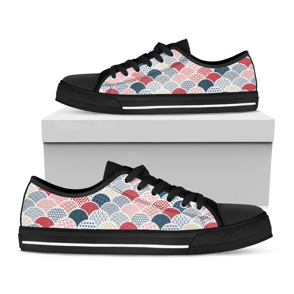 Japanese Geometric Pattern Print Black Low Top Sneakers