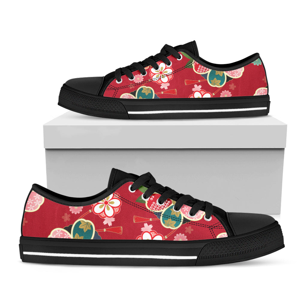 Japanese Kimono Pattern Print Black Low Top Sneakers