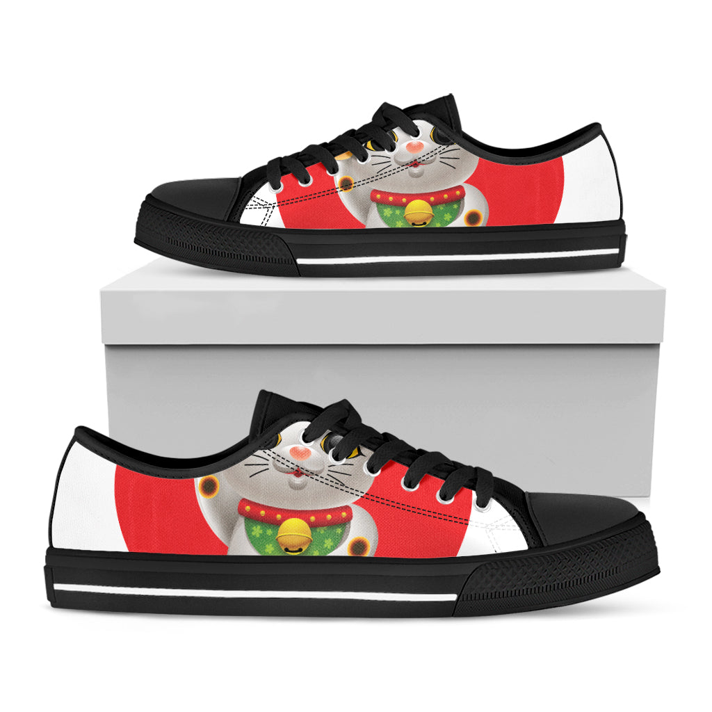 Japanese Lucky Cat Maneki Neko Print Black Low Top Sneakers