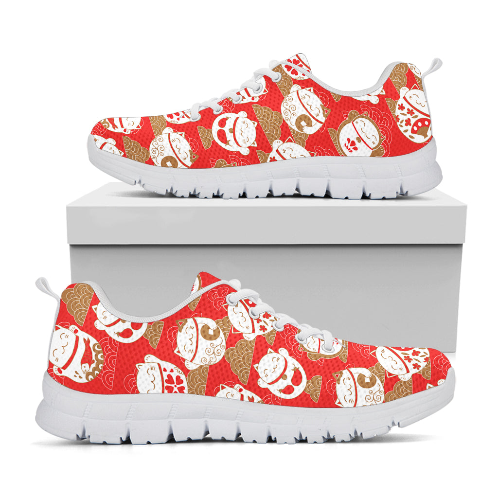 Japanese Lucky Cat Pattern Print White Running Shoes