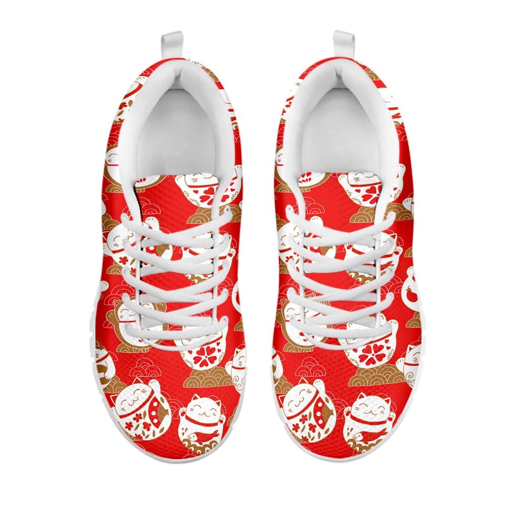 Japanese Lucky Cat Pattern Print White Running Shoes