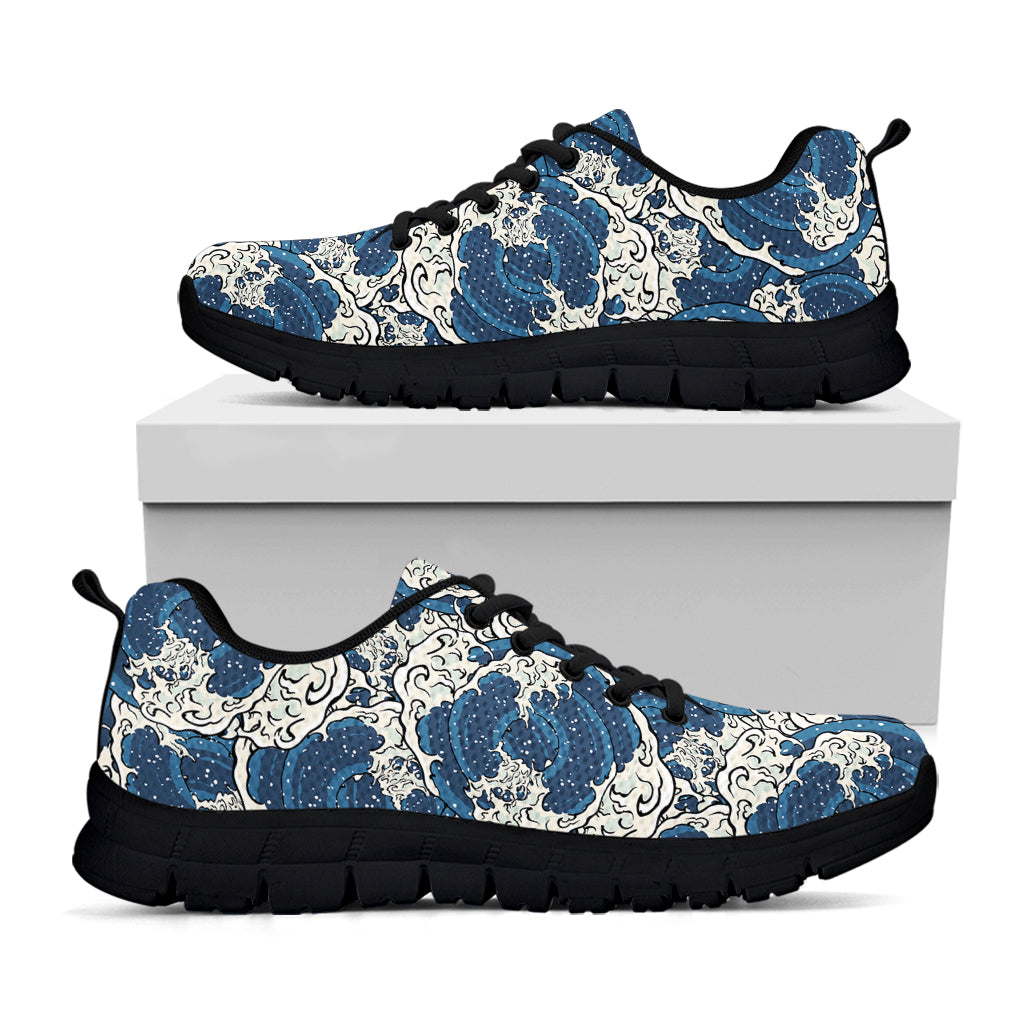 Japanese Ocean Wave Pattern Print Black Running Shoes