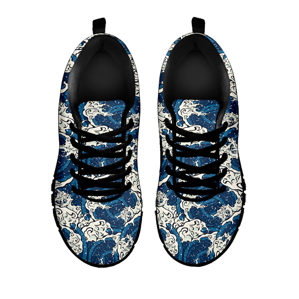 Japanese Ocean Wave Pattern Print Black Running Shoes