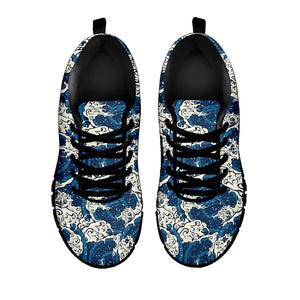 Japanese Ocean Wave Pattern Print Black Running Shoes