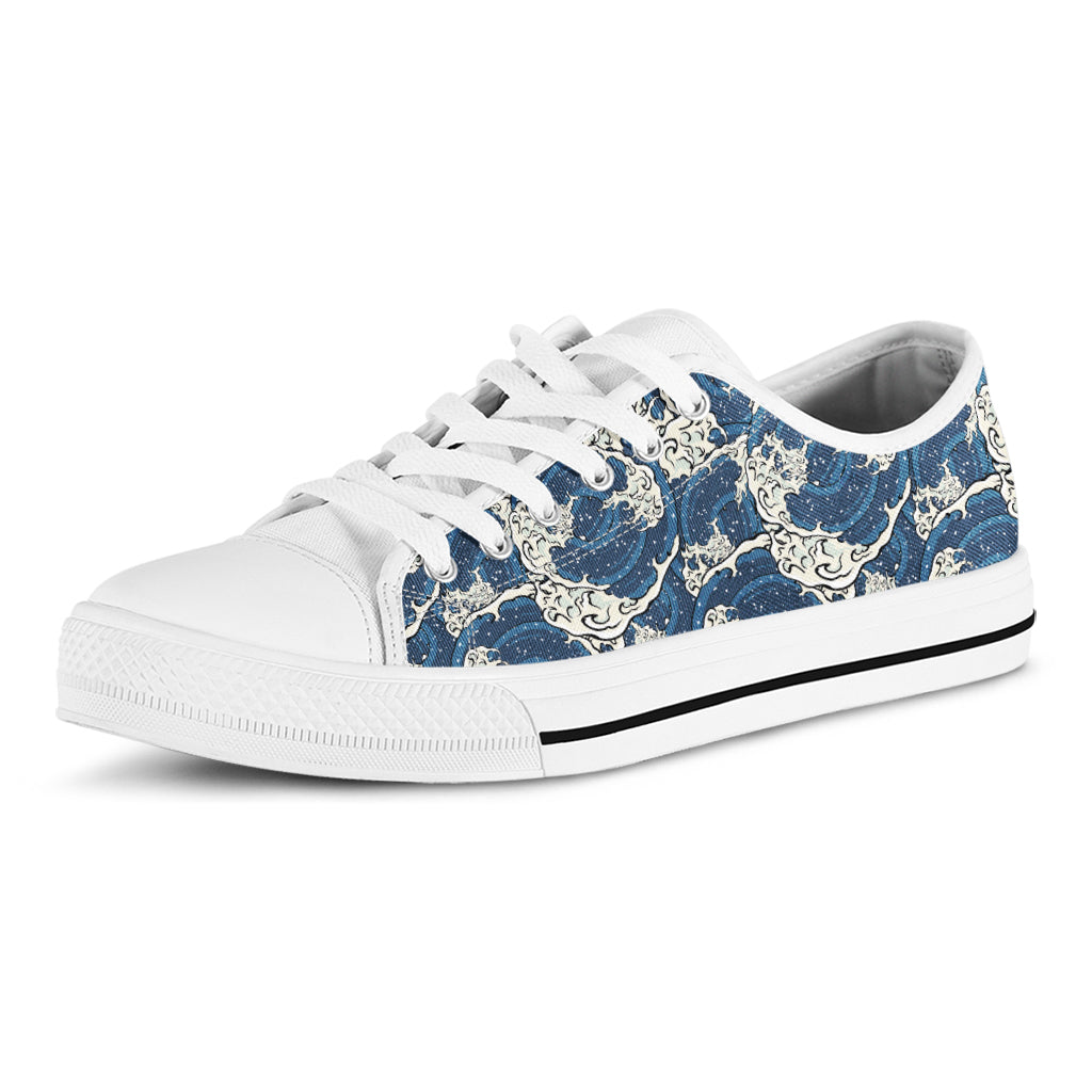 Japanese Ocean Wave Pattern Print White Low Top Sneakers