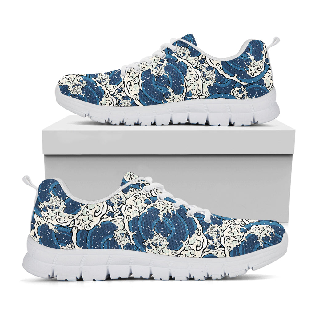 Japanese Ocean Wave Pattern Print White Running Shoes