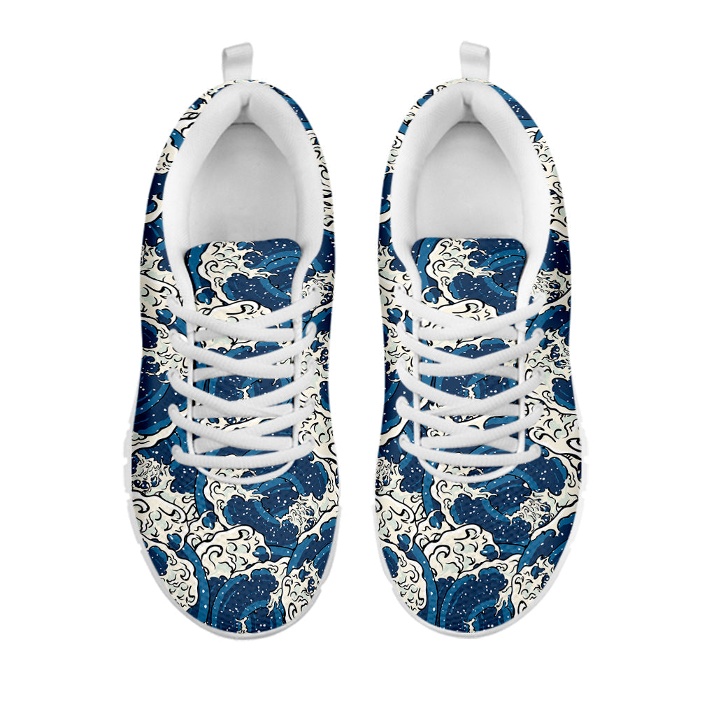 Japanese Ocean Wave Pattern Print White Running Shoes