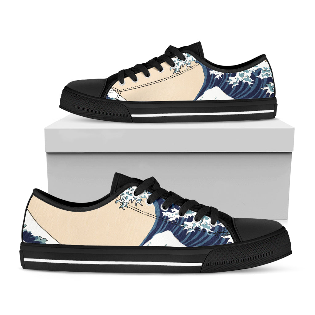 Japanese Ocean Wave Print Black Low Top Sneakers