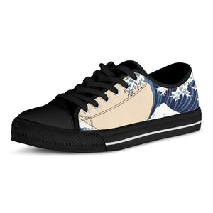 Japanese Ocean Wave Print Black Low Top Sneakers