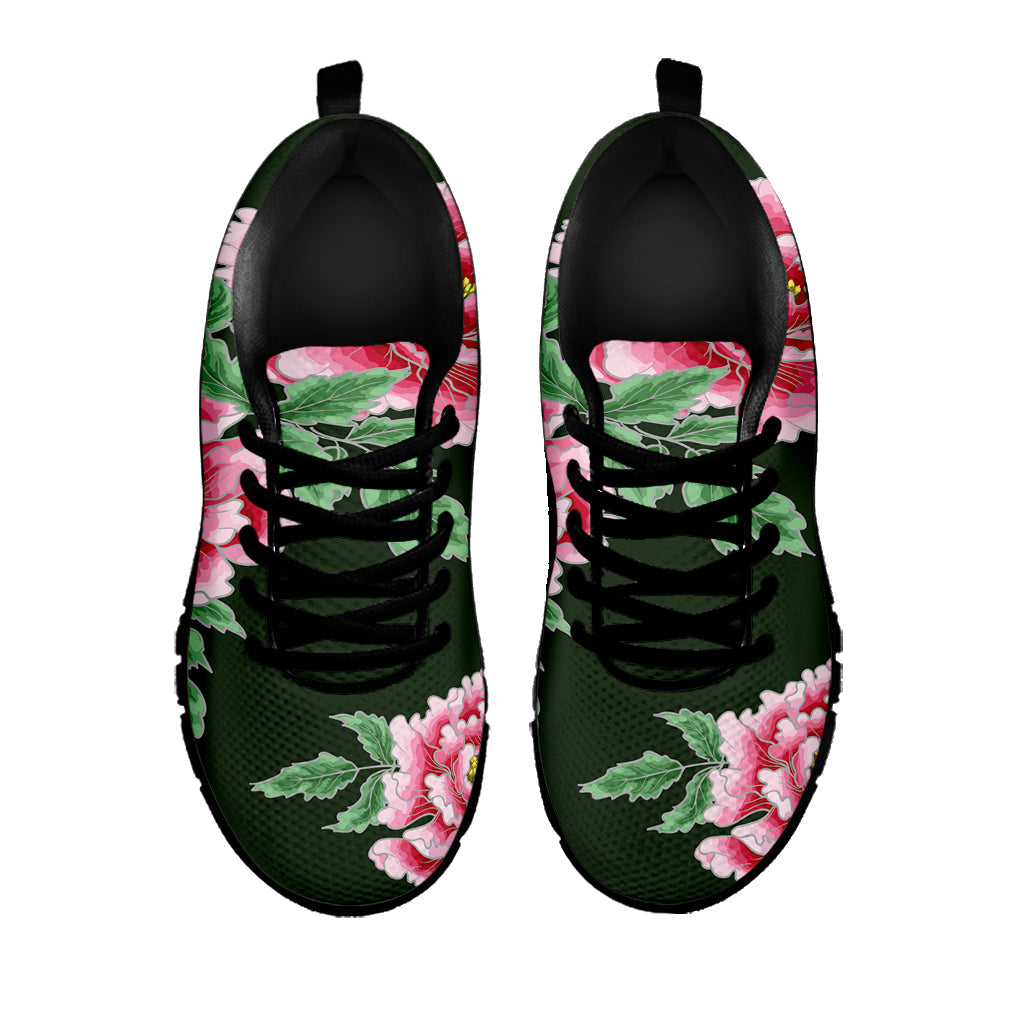 Japanese Peony Print Black Running Shoes