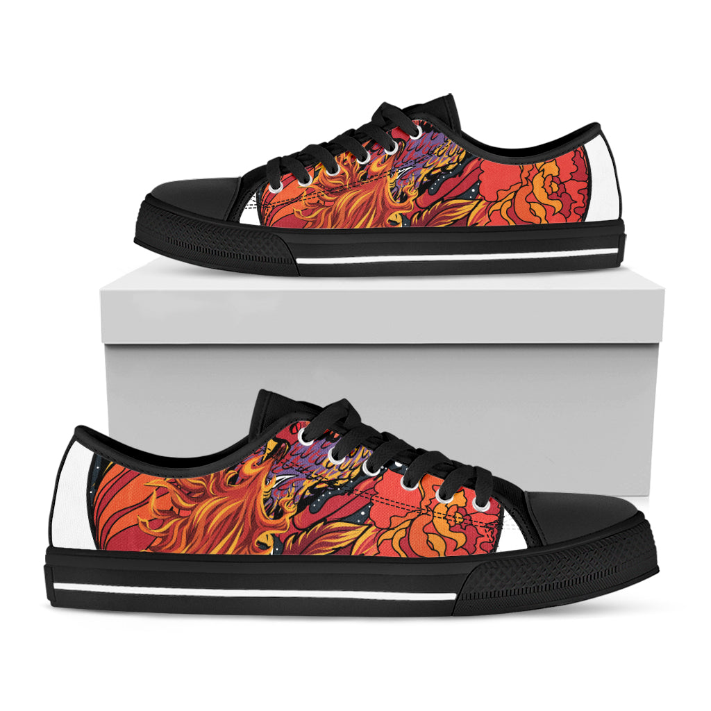 Japanese Phoenix Print Black Low Top Sneakers