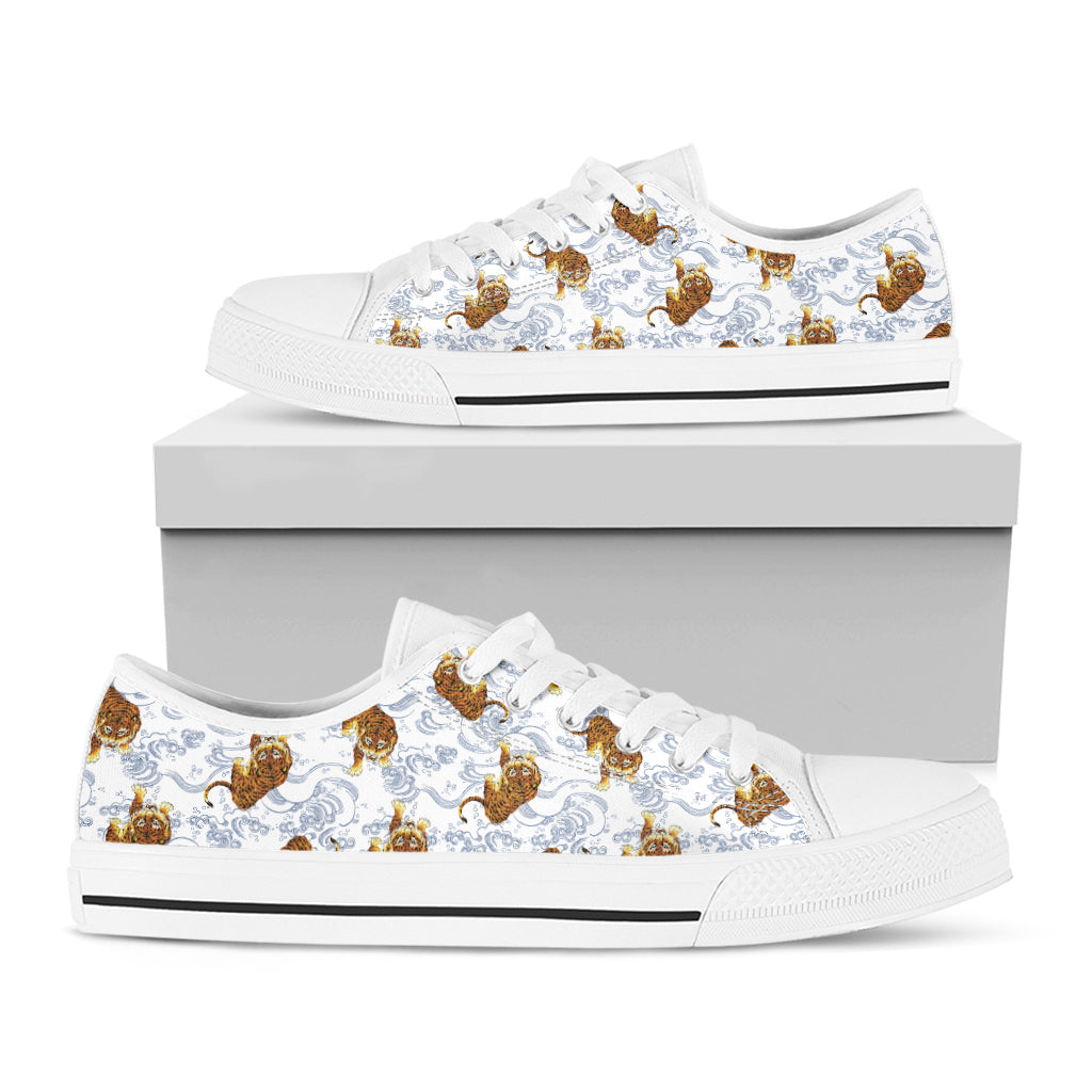 Japanese Tiger Pattern Print White Low Top Sneakers