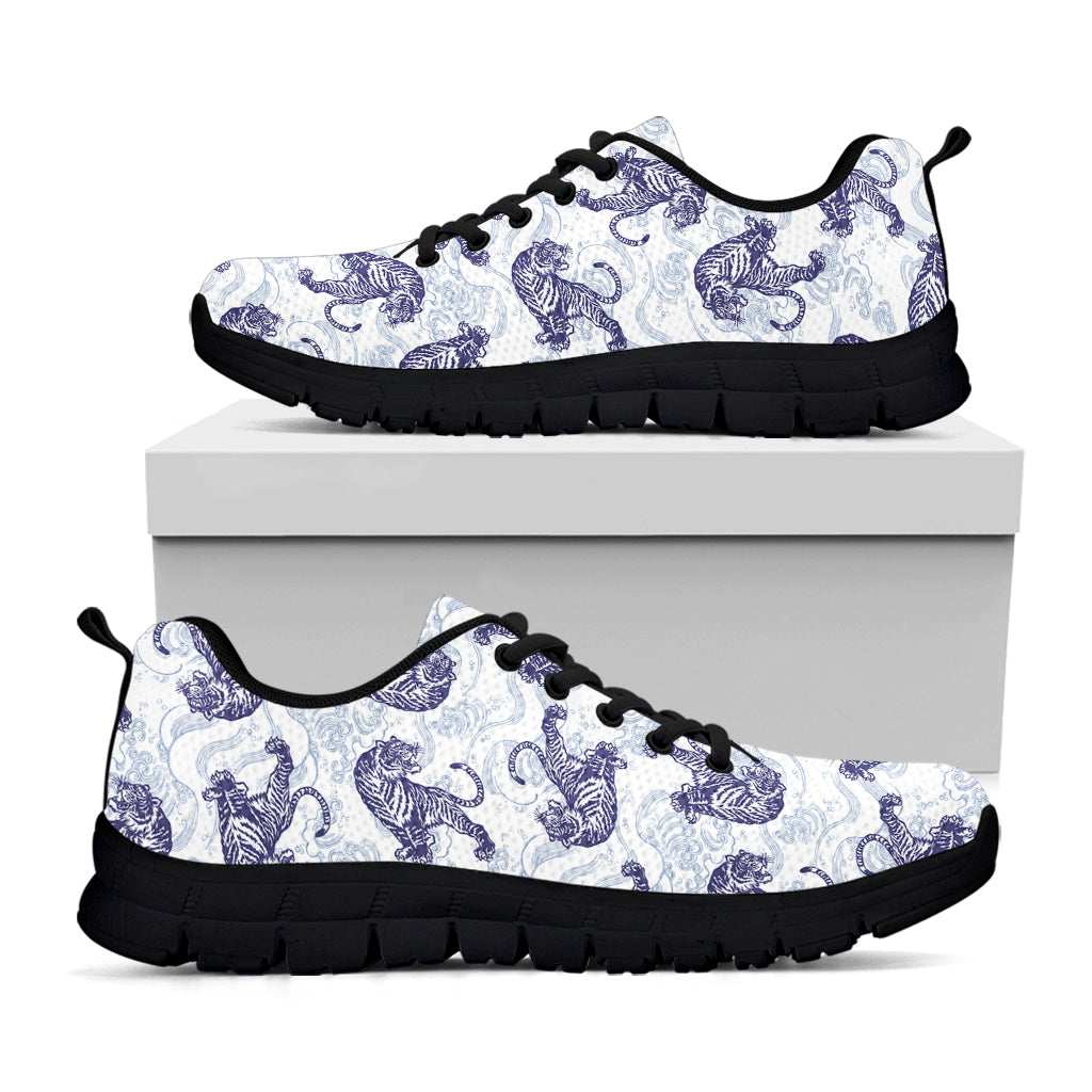 Japanese White Tiger Pattern Print Black Running Shoes