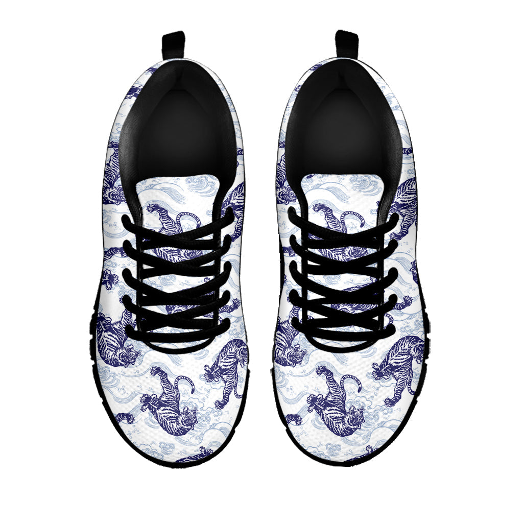Japanese White Tiger Pattern Print Black Running Shoes