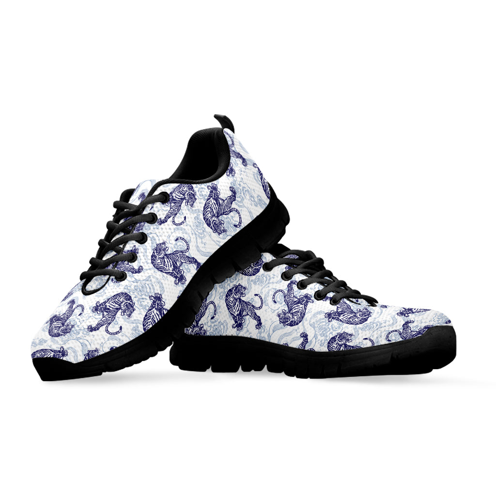 Japanese White Tiger Pattern Print Black Running Shoes