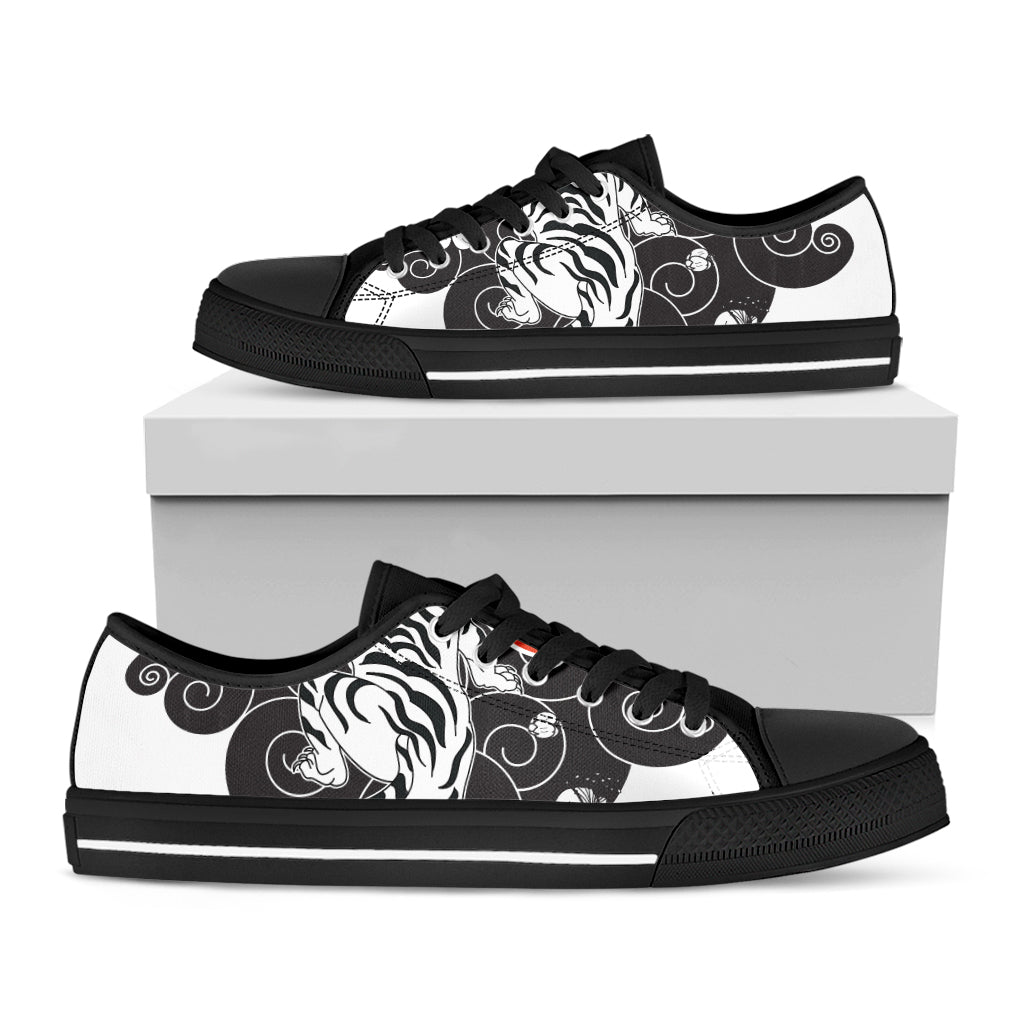 Japanese White Tiger Tattoo Print Black Low Top Sneakers