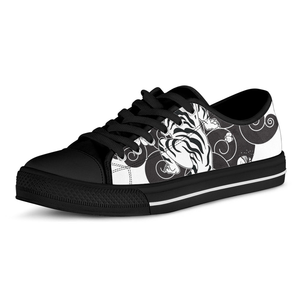 Japanese White Tiger Tattoo Print Black Low Top Sneakers