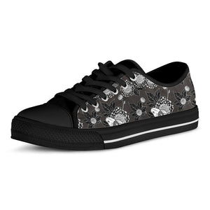 Koi Carp And Chrysanthemum Pattern Print Black Low Top Sneakers