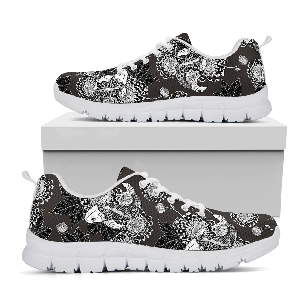 Koi Carp And Chrysanthemum Pattern Print White Running Shoes