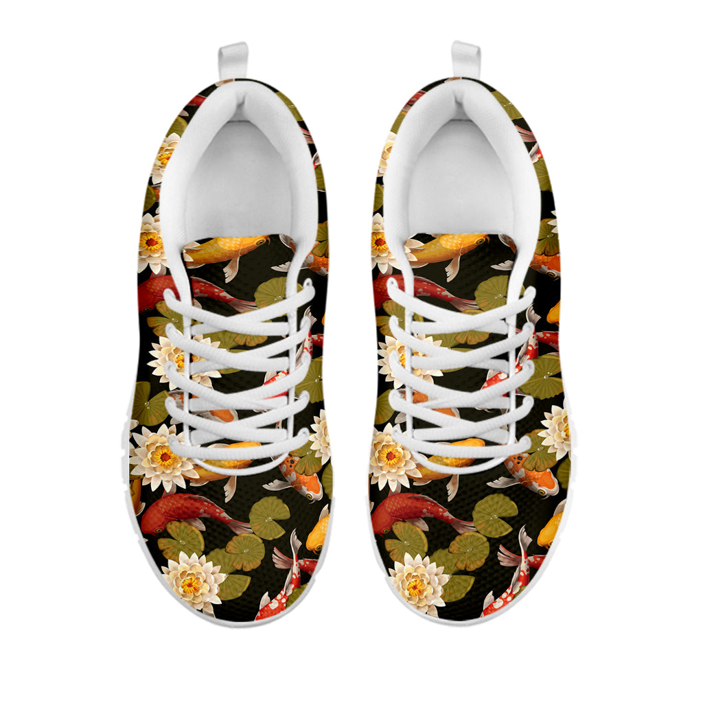 Koi Carp And Lotus Pattern Print White Running Shoes