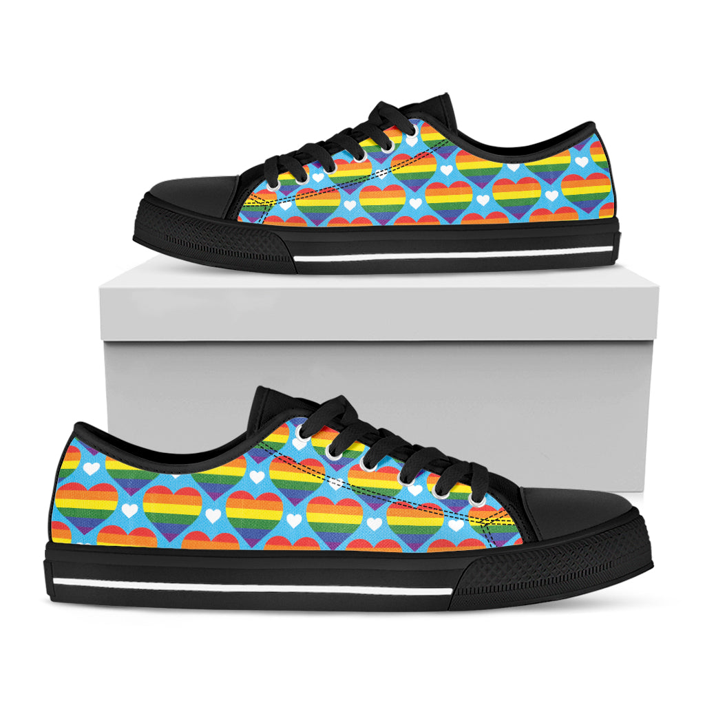 LGBT Pride Rainbow Heart Pattern Print Black Low Top Sneakers