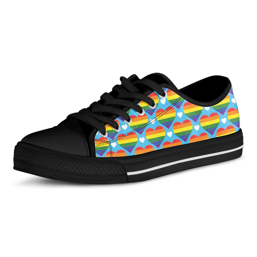 LGBT Pride Rainbow Heart Pattern Print Black Low Top Sneakers
