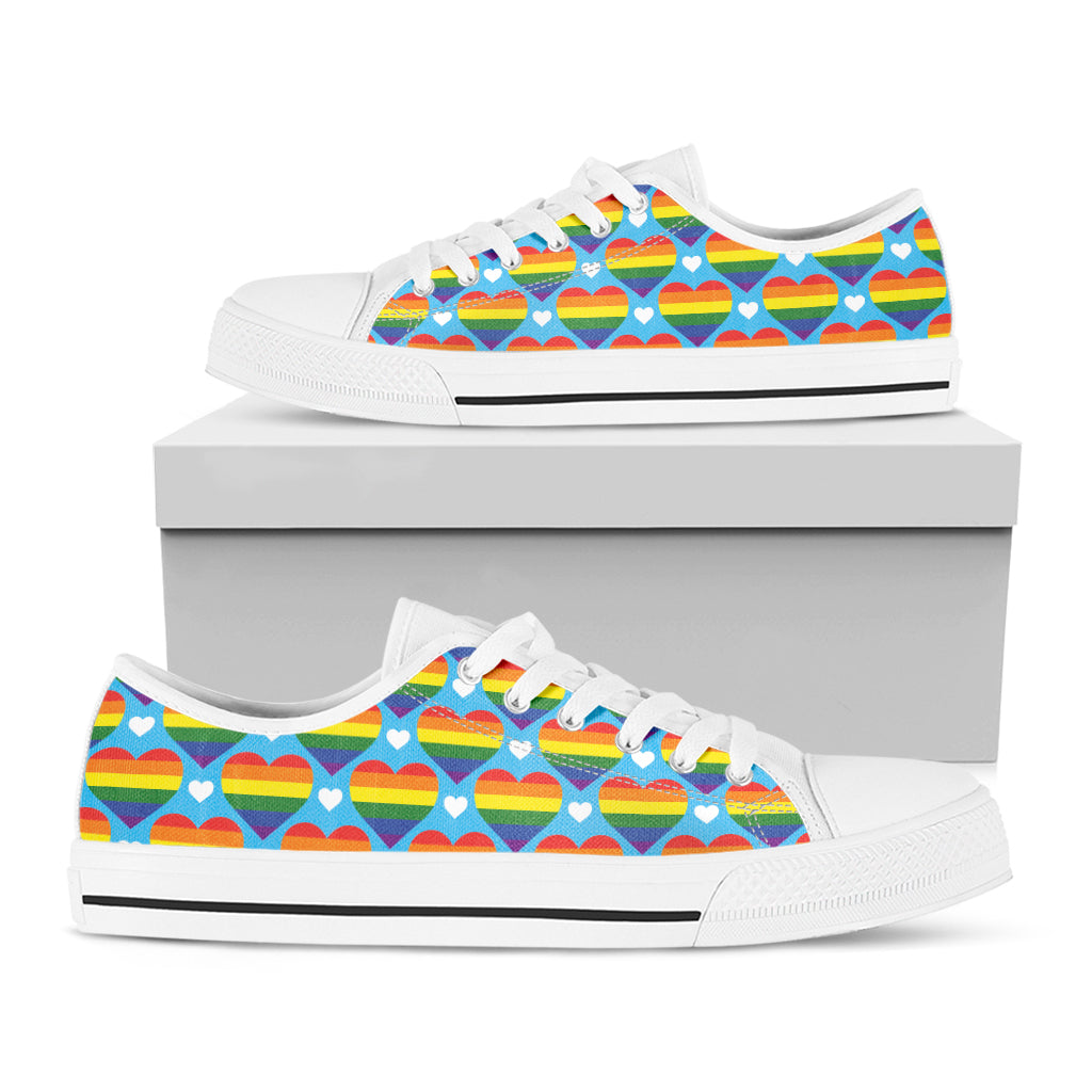 LGBT Pride Rainbow Heart Pattern Print White Low Top Sneakers