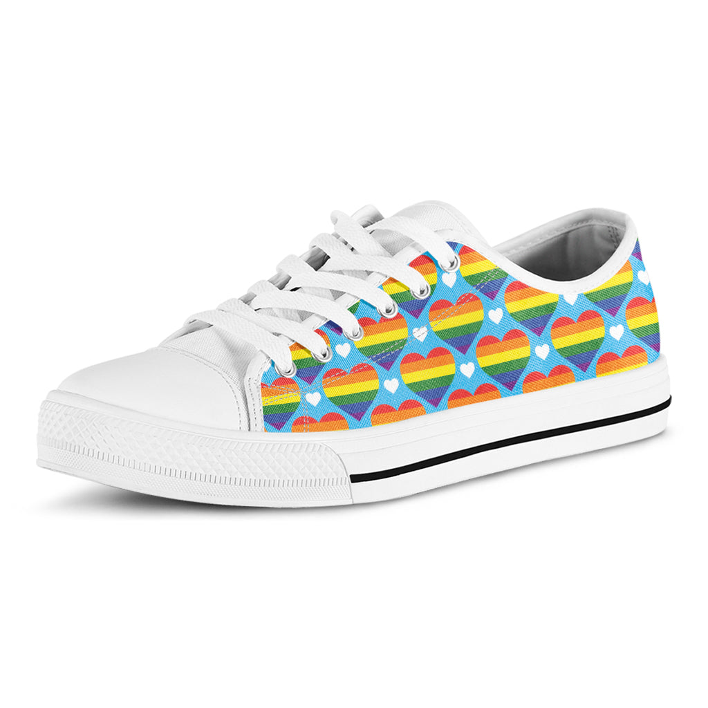 LGBT Pride Rainbow Heart Pattern Print White Low Top Sneakers